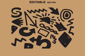 Poster - Collection of hand drawn black doodle shapes and arrows on a textured brown background editable vector