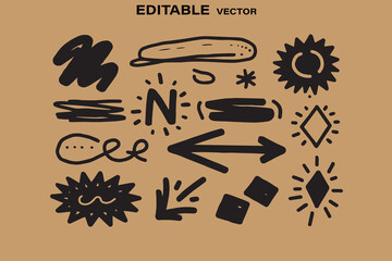 Poster - Collection of hand drawn black graphic elements and symbols on a light brown background editable vector
