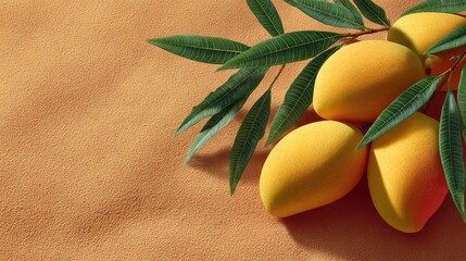 Aufkleber - Summer-inspired mango flat lay on sandy texture background with space left for creative content