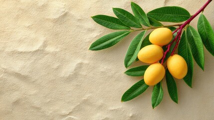 Aufkleber - Summer-inspired mango flat lay on sandy texture background with space left for creative content