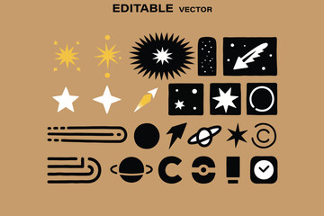 Poster - Collection of editable vector icons featuring stars planets rockets and abstract shapes on a brown background