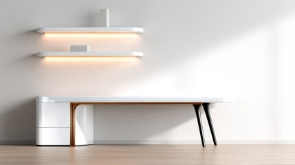 Poster - Modern minimalist office interior featuring a sleek desk and illuminated shelves against a white wall