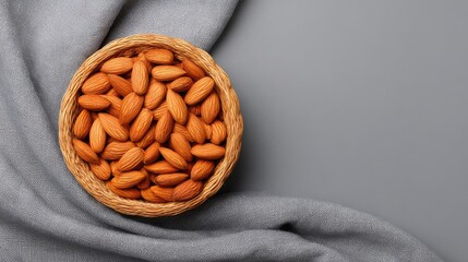 Fototapete - Top view of almonds in a woven basket on linen fabric with clean space for text or graphics