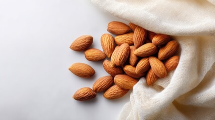 Poster - Top view of almonds scattered over white linen cloth with natural lighting and open space