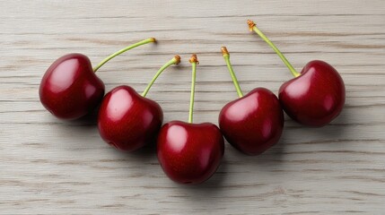 Poster - Top view of cherries forming geometric pattern on wooden table with copy space in center