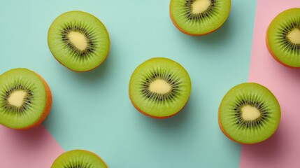 Poster - Tropical fruit flat lay featuring kiwi slices as the centerpiece on light pastel with clear area