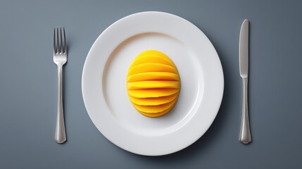 Fototapete - White plate of mango slices centered in frame, with top-down angle and open table space