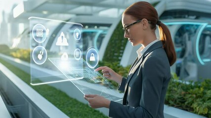 Poster - Woman in Technological Realm: A focused professional engages with an innovative holographic display, representing the cutting edge of tech.