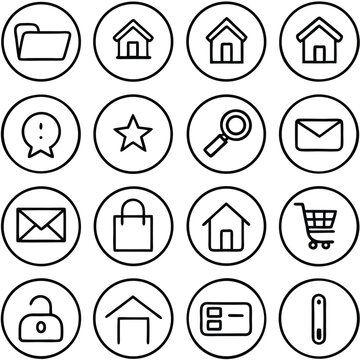 Collection of simple black and white outline icons in circles for web design