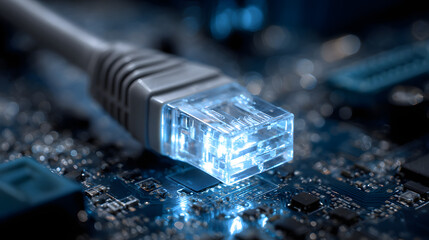 Aufkleber - glowing ethernet cable connector plugged into circuit board. digital network connection concept. mac