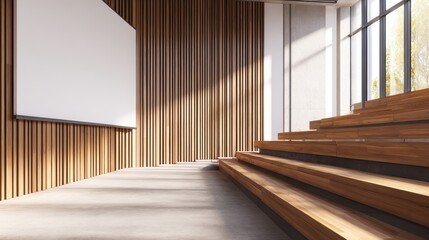Poster - Modern conference room with wooden seating, projector screen, and bright natural light