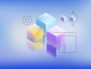 Aufkleber - Vector illustration in trendy 3D gradient style: pastel cubes with blue, purple, and yellow hues on a soft blue background. Modern abstract look, popular in digital and web design.