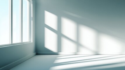 Poster - Bright, minimalistic interior space with large windows casting shadows on the floor