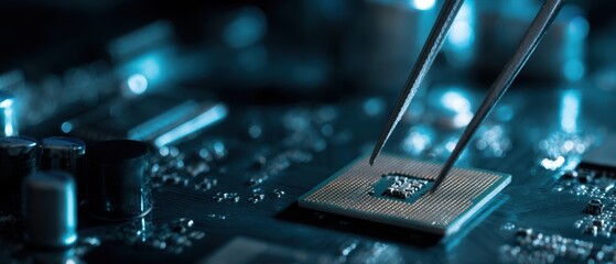 Poster - The intricate details of a microchip being delicately positioned with precision tools.