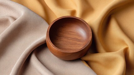 Poster - Wooden Bowl on Soft Fabric Background with Warm Tones and Textures