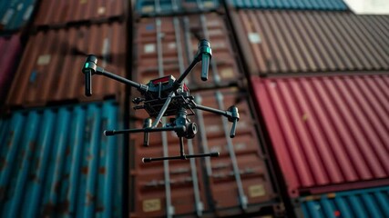 Poster - High tech drone equipped with a camera hovers near stacked shipping containers, showcasing modern technology in logistics and aerial surveillance in an industrial setting