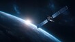 © watcharee - A satellite orbits Earth with the sun rising over the horizon against a backdrop of stars and deep space.
