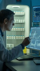 Poster - Scientist in the Lab: A dedicated scientist in a sterile laboratory setting, intently analyzing data on a computer monitor, symbolizing groundbreaking research and scientific advancement. 