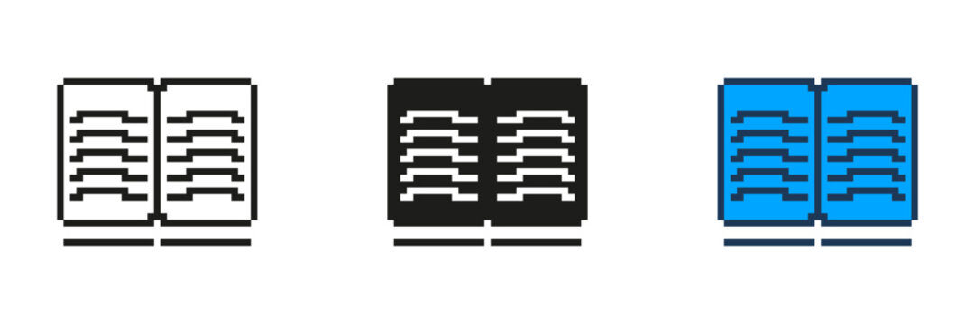 Open Book Pixelated Icon Set. Pixel Art Symbol Of Book or Document. Knowledge and Education. Isolated Vector Illustration