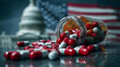 © sornram - A dynamic image of scattered capsules on a reflective surface, with a backdrop of the U.S. Capitol and flag representing health debates.