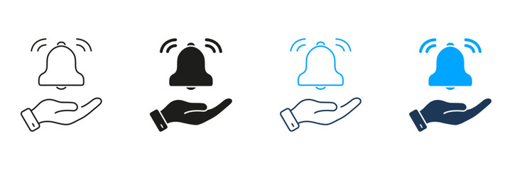 Fototapete - Hand Holding Notification Bell Line And Solid Icon Set. Alert Management, Reminder, And Notification Control Silhouette Symbol Collection. User Engagement And Attention. Isolated Vector Illustration