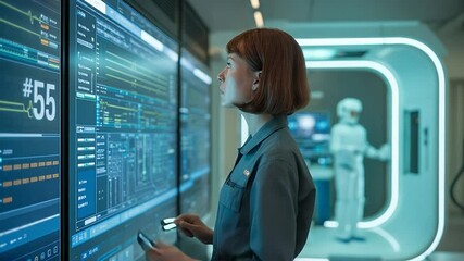 Poster - The Science of Scrutiny: A focused individual meticulously examines intricate data displays in a futuristic laboratory setting, highlighting themes of technology, research, and innovation.