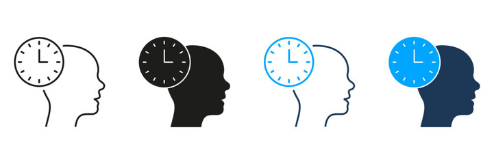 Fototapete - Silhouette Head With Clock Line And Solid Icon Set. Time Management, Mental Scheduling, And Cognitive Planning Symbol Collection. Productivity And Efficiency Concept. Isolated Vector Illustration