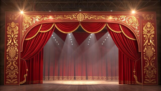 Elegant theater stage with luxurious RED velvet curtains and dramatic spotlight ambiance. Copy space