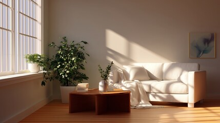 Poster - Cozy interior with natural light highlights a minimalist sofa and greenery in a serene living space