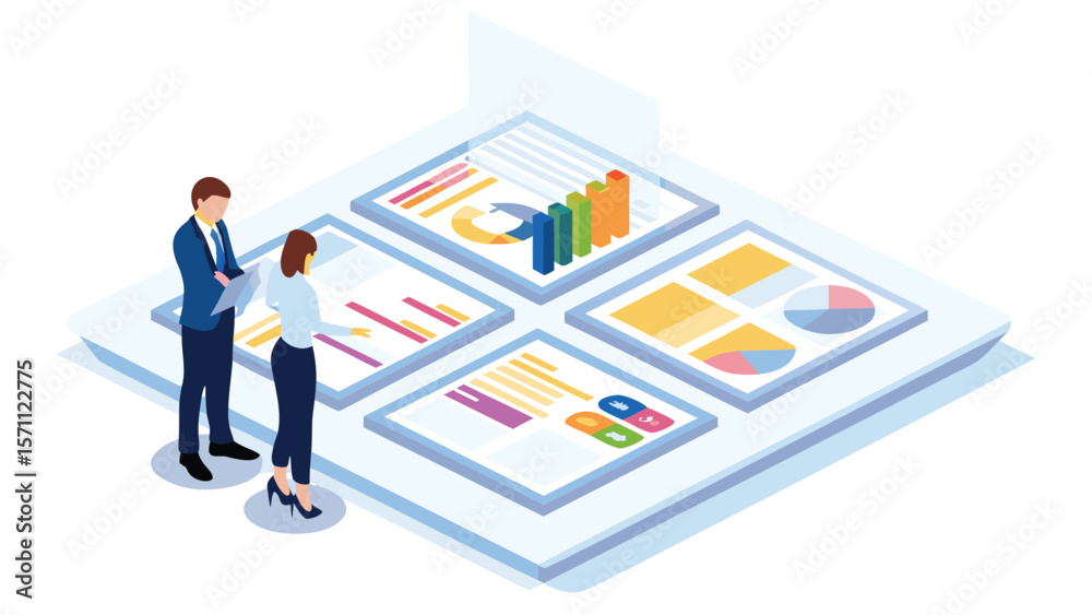 Isometric view of two people analyzing data with charts and molecular ...