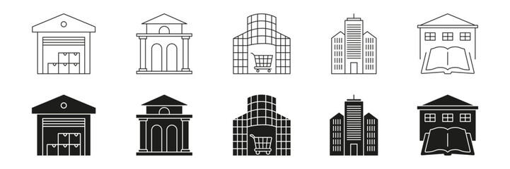 Fototapete - Warehouse, Bank, Shopping Mall, Office Building, And Library Line And Solid Icon Set. Commercial, Financial, Retail, Corporate, Educational Facility Symbol Collection. Isolated Vector Illustration