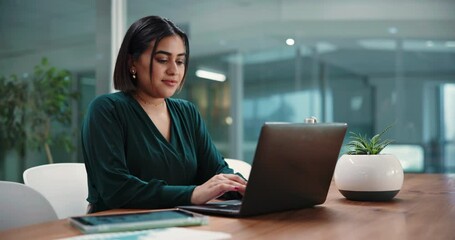 Poster - Office, planning and woman with research on laptop, public relations and online for campaign on web. Happy, media manager and person with tech for competition analysis, typing and brand awareness