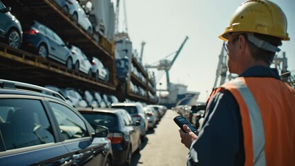 Poster - Dockworker wearing safety vest and hardhat is using a handheld device to manage logistics and inventory of cars parked at a shipping port with cargo ship and cranes in the background