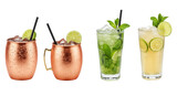 Cocktail PNG bundle featuring Moscow Mule, Mint Julep, Caipirinha, and Gin Rickey with vibrant garnishes on transparent background