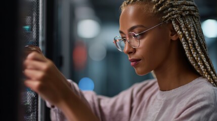 Poster - Female technician working on server maintenance in a modern data center during evening hours