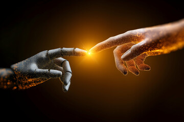 Aufkleber - Two digital hands composed of glowing particles nearly touch, symbolizing connection and technology with a bright spark at the fingertips.
