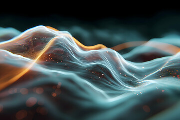 Leinwandbilder - Abstract digital waves with glowing orange and blue lines create a futuristic, flowing landscape resembling data or energy fields.