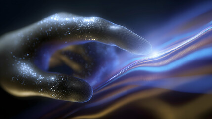 Leinwandbilder - A futuristic digital hand with glowing dots reaches out to touch flowing, illuminated waves of light in a dark, abstract environment.