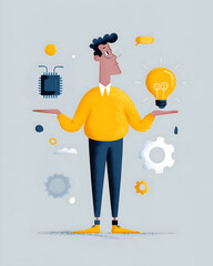Poster - A man balances a microchip and a glowing light bulb, symbolizing innovation and technology amidst gears and creative elements.
