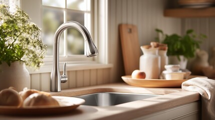 Poster - Stylish kitchen faucet shining in sunlight near a bowl of fresh fruits and a cozy home atmosphere