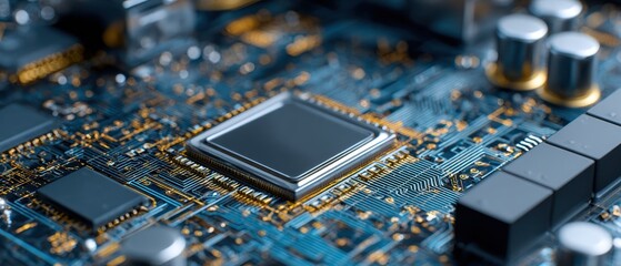 Poster - The intricate design of a modern motherboard with detailed microchips.