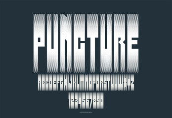 Fototapete - Halftone dotted futuristic cyberpunk font for logos and posters, vector brutal industrial typeface alphabet letters and numbers, urban technic future typography.