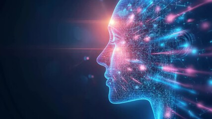 Poster - A striking visual exploration of AI, featuring a futuristic figure amid glowing particles and vibrant light bursts that represent innovation and creativity.