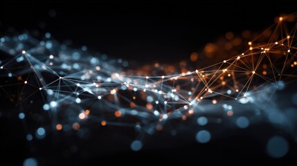 Poster - An abstract representation of a sprawling network graph illustrating data points linked by various relationships. This visualization combines geometric shapes with glowing connections