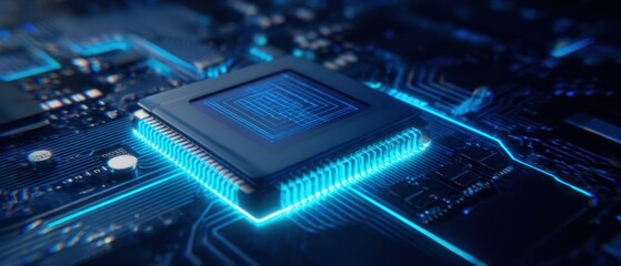 Fototapete - The futuristic microchip glowing in intricate electronic circuitry.