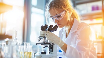 Poster - Scientist examines samples through microscope in laboratory during daylight hours