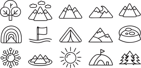 Poster - Adventure and outdoor activity icon set, includes mountain peak, hiking trail, tent, path, sunrise, summit flag, editable black line clean illustration