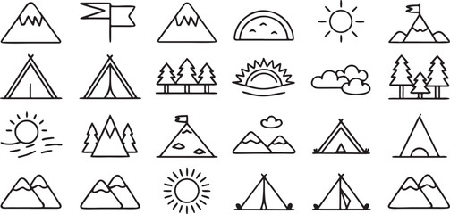 Poster - Mountain and hiking adventure icon set, includes mountain peak, hiking tent, summit flag, sunrise, trail path, nature elements, editable black line design