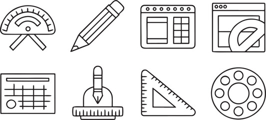 Fototapete - design tools and creative interface icon set, black outline pencil ruler color palette vector symbols for graphic design and UI layout