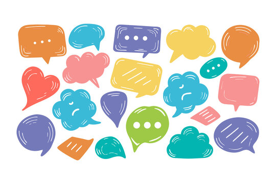 
Colorful hand drawn speech bubbles collection. Doodle chat icons collection for communication, social media, or messaging design vector illustration.